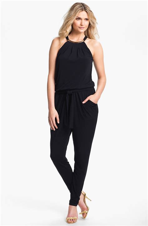 michael kors true navy gold jumpsuit|Michael Kors embellished halter jumpsuit.